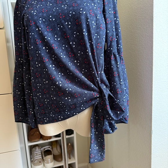 Michael Kors Navy Blue Floral Patterned Tie Front 3/4 Bell Sleeve Blouse Size XS - Picture 7 of 11